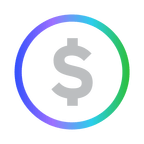 Gray dollar sign inside a circular gradient border changing from purple to green.