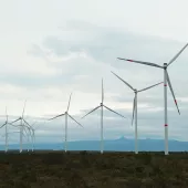 A row of wind turbines on a grassy landscape with mountains in the background under a cloudy sky.