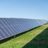 Rows of solar panels are installed on a grassy field under a clear blue sky. The panels are aligned in parallel, capturing sunlight efficiently.