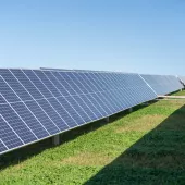 Rows of solar panels are installed on a grassy field under a clear blue sky. The panels are angled to capture sunlight, creating a pattern of reflective surfaces. A shadow falls across the grass, cast by the panels.