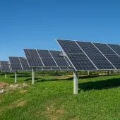 Rows of solar panels installed on a grassy field under a clear blue sky. The panels are elevated on metal supports and are aligned to capture sunlight efficiently.