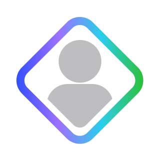 Gray user icon inside a diamond-shaped frame with a gradient border.