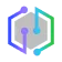A hexagonal logo with gradient outlines and two dots connected by lines inside, symbolizing technology and connectivity.