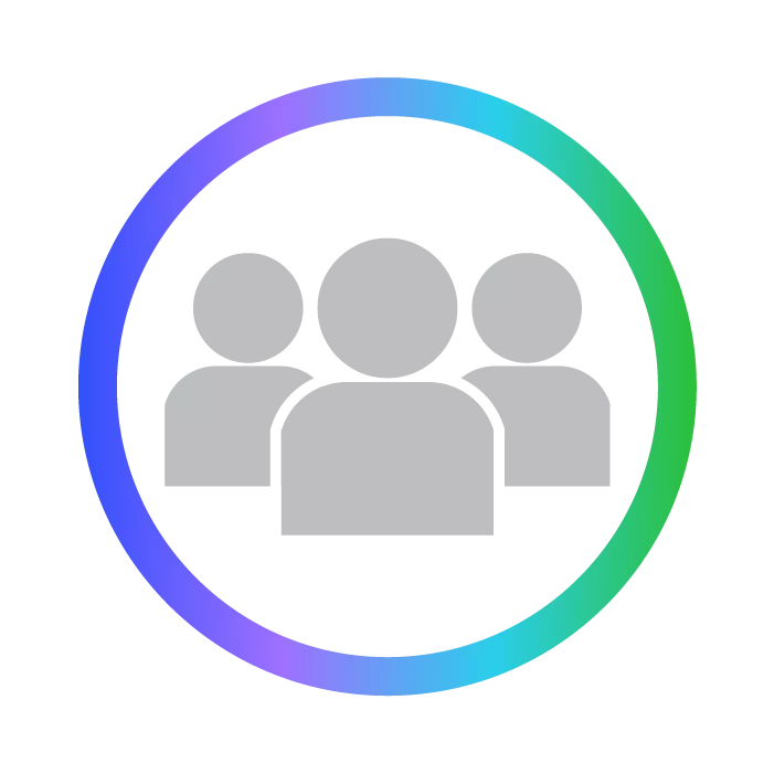 Gray silhouette of three people inside a circle with a gradient border from blue to green.