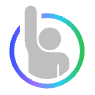 Gray abstract figure with one arm raised, surrounded by a gradient circle from blue to green.