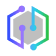 Stylized hexagon icon with gradient lines and dots in purple and green.