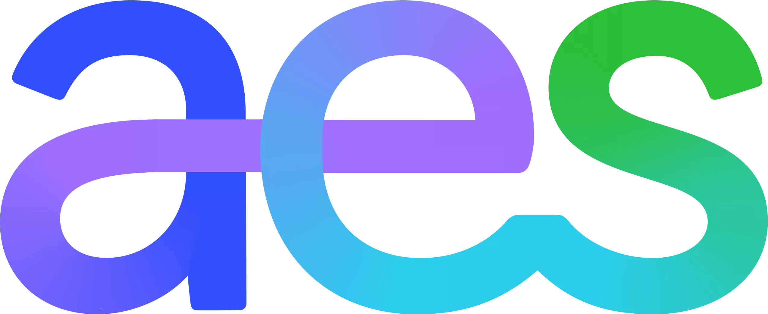 Stylized letters 'aes' in blue, purple, and green on a black background.