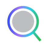 Colorful magnifying glass icon with a gradient from purple to green on a transparent background.