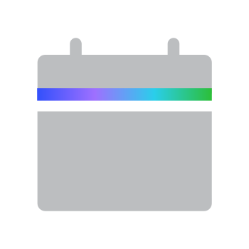 Gray calendar icon with a horizontal gradient stripe in blue, purple, and green.