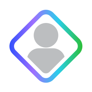 Gray user icon inside a diamond-shaped frame with a gradient border.