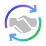 Gray handshake icon surrounded by blue and green circular arrows indicating collaboration.