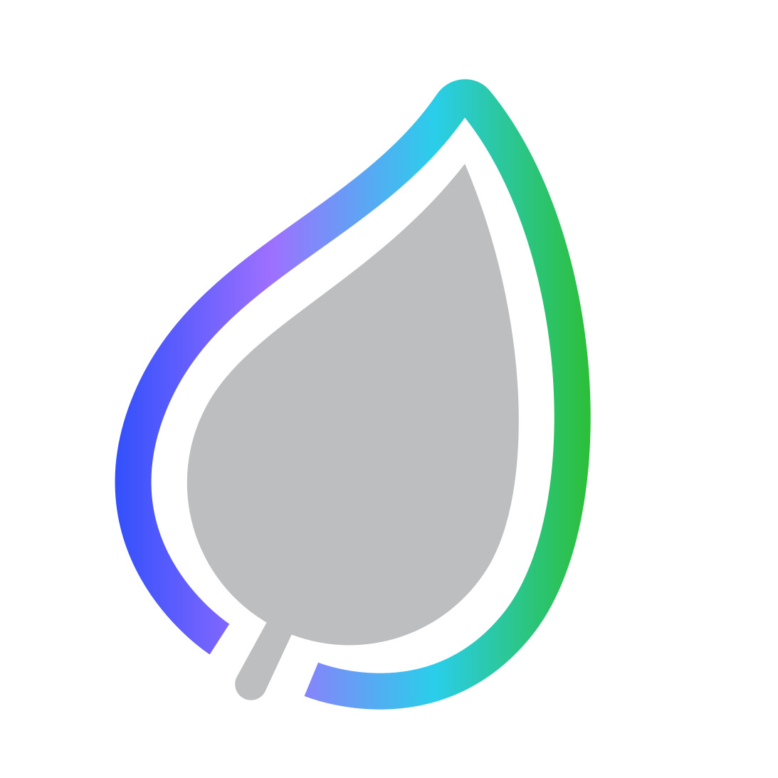 Illustration of a leaf with a gray center and a gradient blue to green outline on a white background.