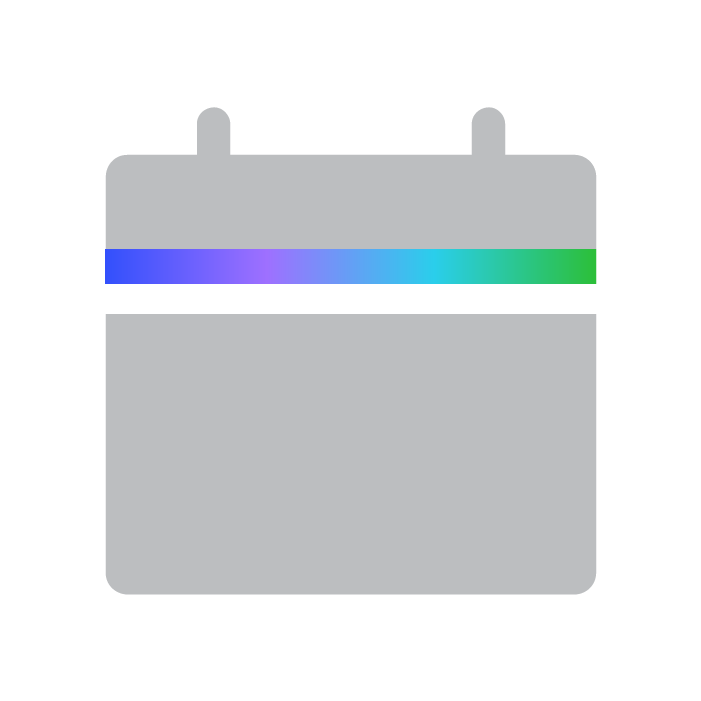 Gray calendar icon with a horizontal gradient stripe in blue, purple, and green at the top.