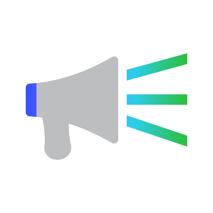 Illustration of a gray megaphone with blue accents emitting sound waves represented by green and blue lines.
