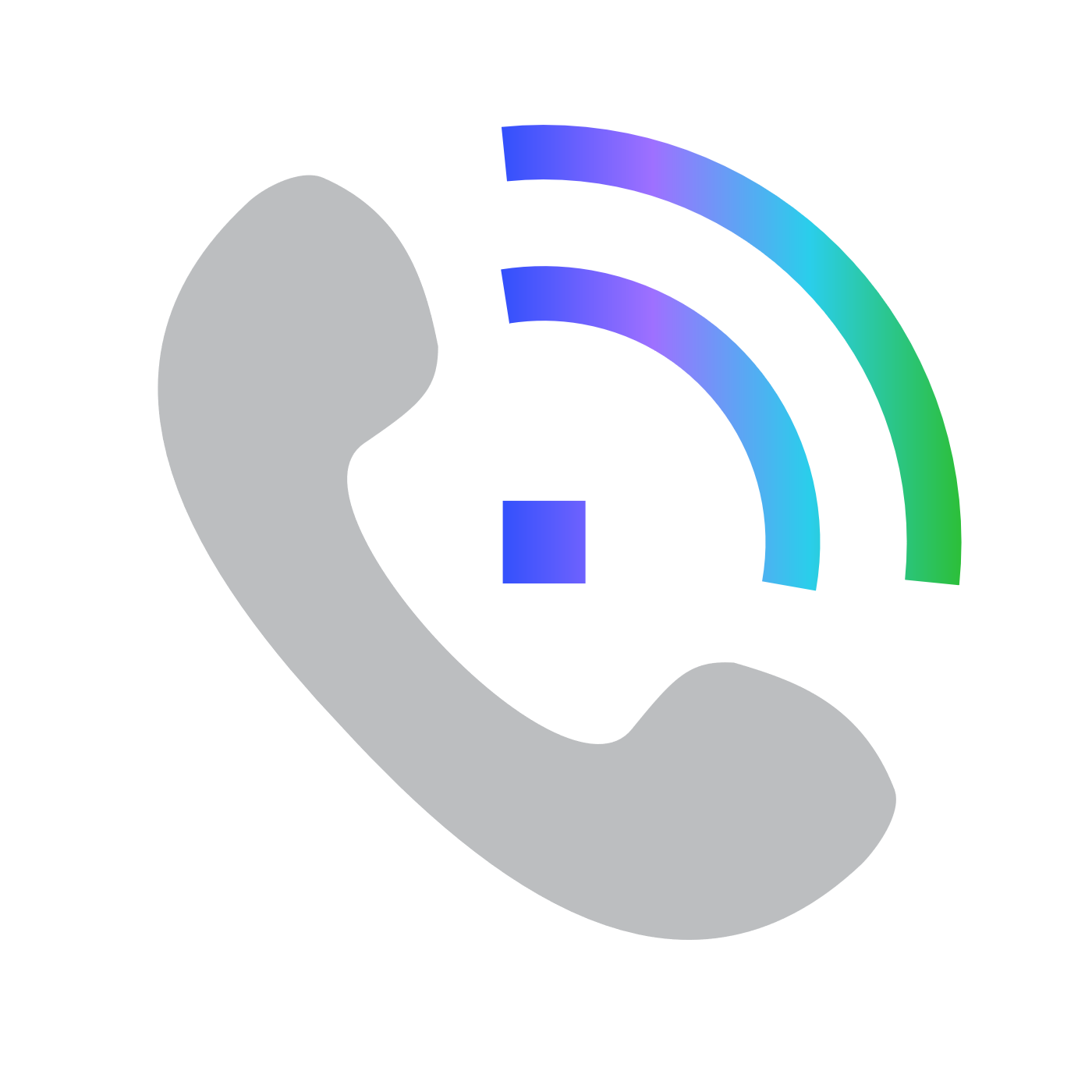 Icon of a gray phone handset with three curved lines in blue, purple, and green, representing wireless communication.