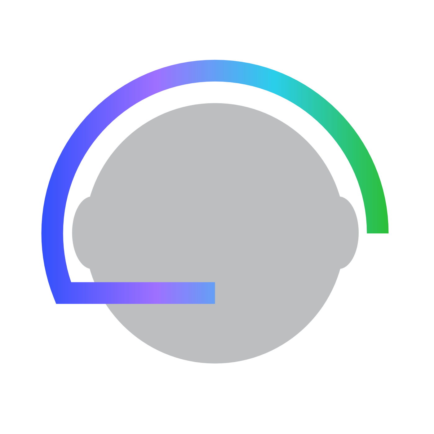 A logo featuring a gray circle symbolizing a head, with a gradient arc from purple to green resembling a headset.