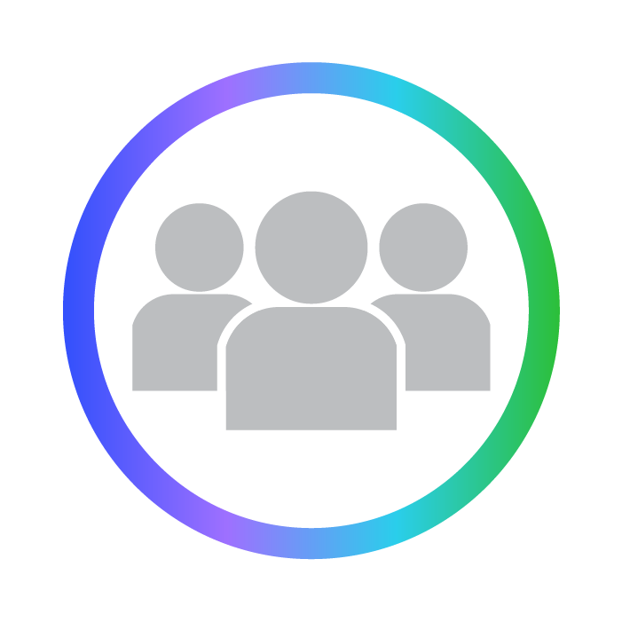 Gray icon of three people inside a circle with a gradient blue to green border.