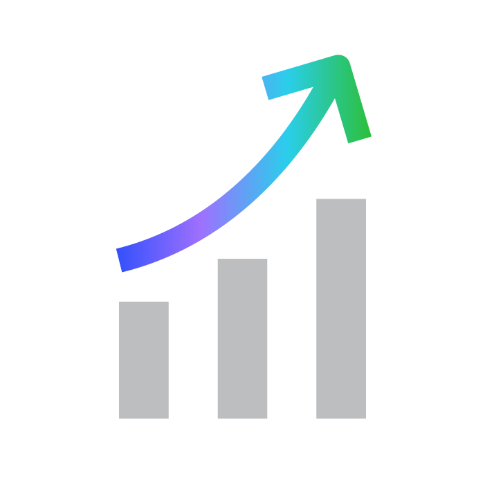 A bar chart with three ascending gray bars and a colorful upward arrow above them, symbolizing growth or increasing progress.