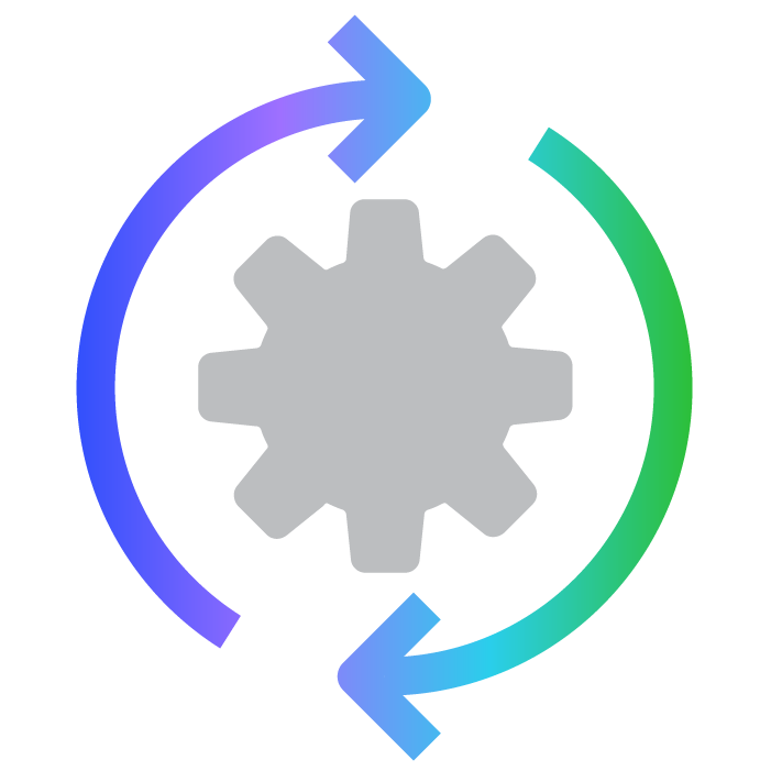 Gray gear icon surrounded by two curved arrows forming a circle, symbolizing process or update.