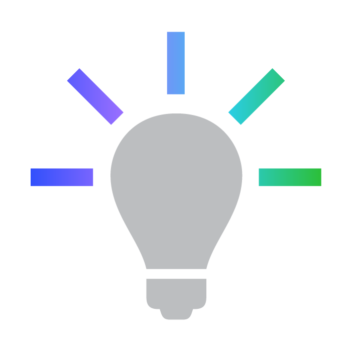 Gray light bulb icon with colorful rays in blue, purple, and green emanating from it.