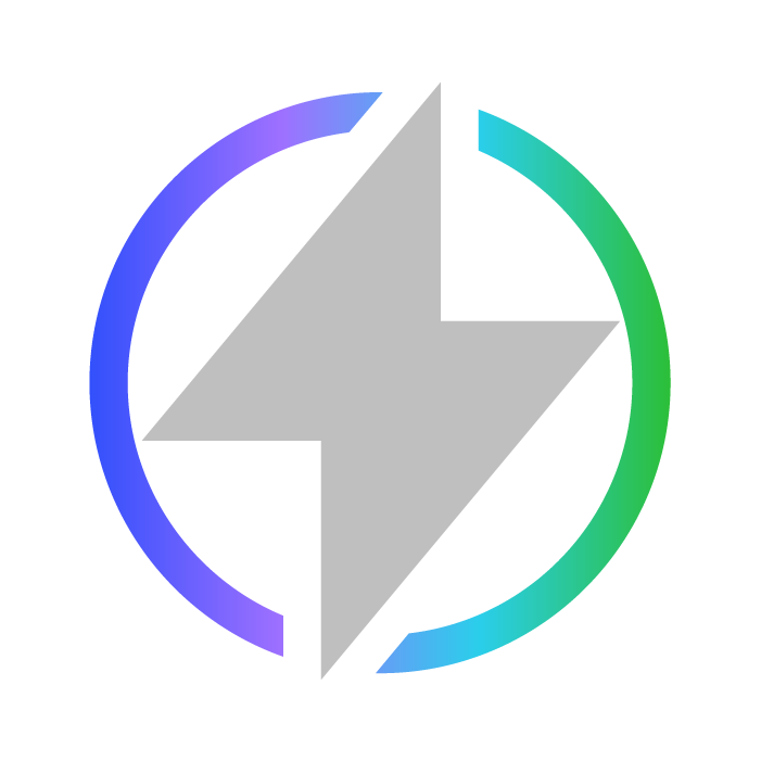 A gray lightning bolt inside a circular gradient ring transitioning from purple to green.
