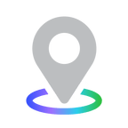 Gray map pin icon with a rainbow-colored ring at the base.