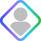 Icon of a person silhouette inside a diamond shape with a gradient border.