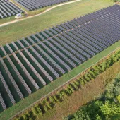 Aerial view of a large solar farm with rows of solar panels arranged in parallel lines on green grass. A dirt road runs through the farm, and trees border the area on the right side.