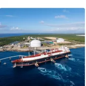 Collage showing two workers in safety gear, an aerial view of a large industrial port with a tanker ship and storage tanks, and a solar farm at sunset, representing industry, energy, and renewable resources.