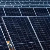 Close-up view of multiple solar panels arranged in rows, capturing sunlight for energy production.