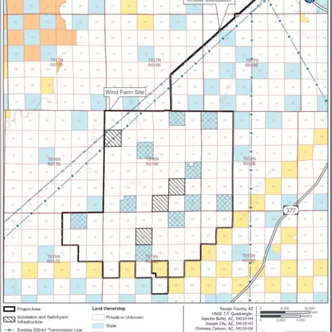 Map showing the project area for a wind farm and transmission lines in Navajo County, Arizona. The map highlights the Gen-Tie Corridor to Cholla Substation, existing transmission lines, and land ownership types, including private, state, tribal, and Bureau of Land Management lands. A legend explains symbols used for infrastructure and land ownership.