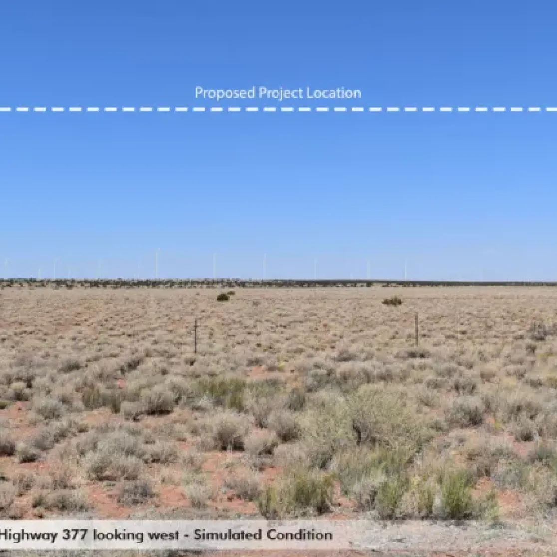 A flat, arid landscape with sparse vegetation under a clear blue sky. A dashed line labeled 'Proposed Project Location' runs horizontally across the sky. The text at the bottom reads 'KOP 4: View from Highway 377 looking west - Simulated Condition.'