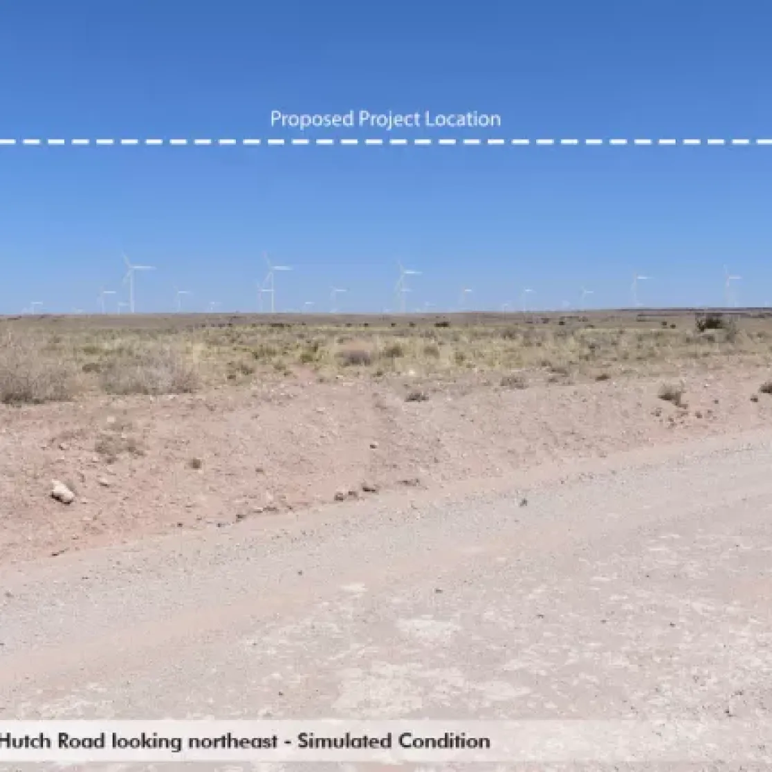 A landscape view from Hutch Road looking northeast shows a dry, barren terrain with sparse vegetation. A dotted line labeled 'Proposed Project Location' runs across the sky above a row of wind turbines in the distance. The image is marked as 'Simulated Condition.'