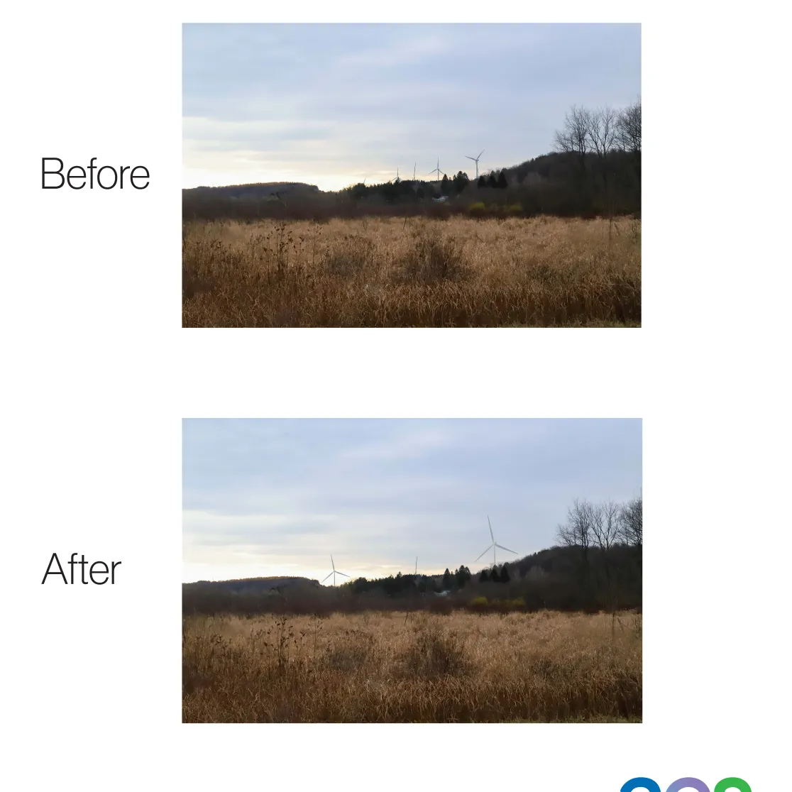 Two images of the same landscape with grass and trees. The top image labeled 'Before' shows the landscape without wind turbines. The bottom image labeled 'After' shows the same landscape with wind turbines in the distance. The AES logo is at the bottom right corner.