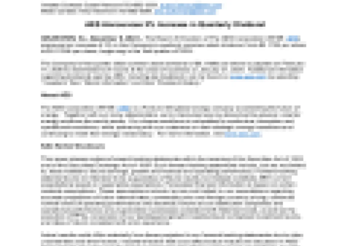 A press release document from AES with a logo in the top right corner. The headline reads 'AES Announces 5% Increase in Quarterly Dividend.' The body text discusses the financial results and dividend increase, providing details on the company's performance and future outlook. Contact information is provided at the top for investor relations and media inquiries.