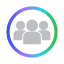 Gray silhouette of three people inside a circle with a gradient border from blue to green.