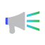 Illustration of a gray megaphone with blue and green sound waves.