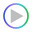 A gray play button icon with a gradient circular border transitioning from blue to green.