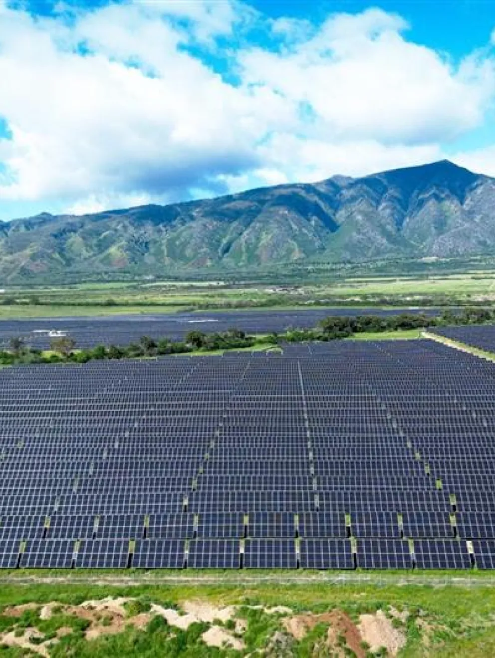 A large solar panel farm in a green landscape with mountains in the background under a partly cloudy blue sky.
