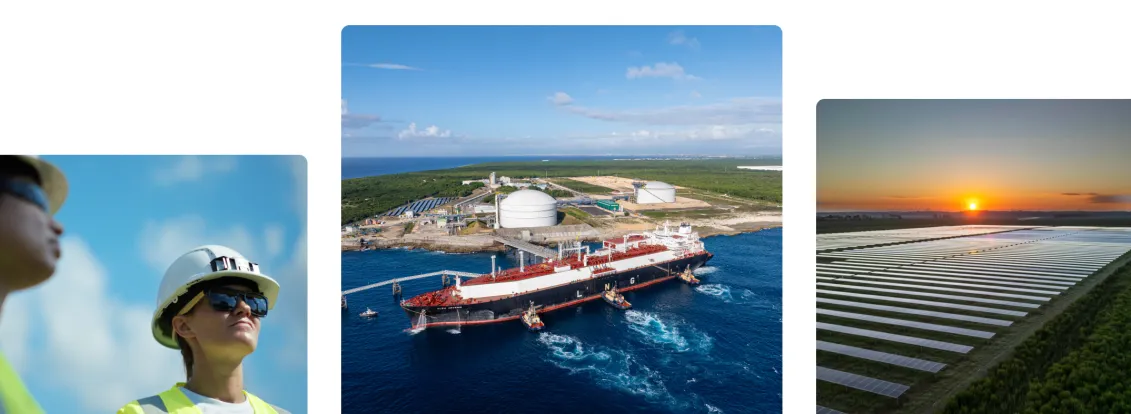 Collage showing two workers in safety gear, an aerial view of a large industrial port with a tanker ship and storage tanks, and a solar farm at sunset, representing industry, energy, and renewable resources.