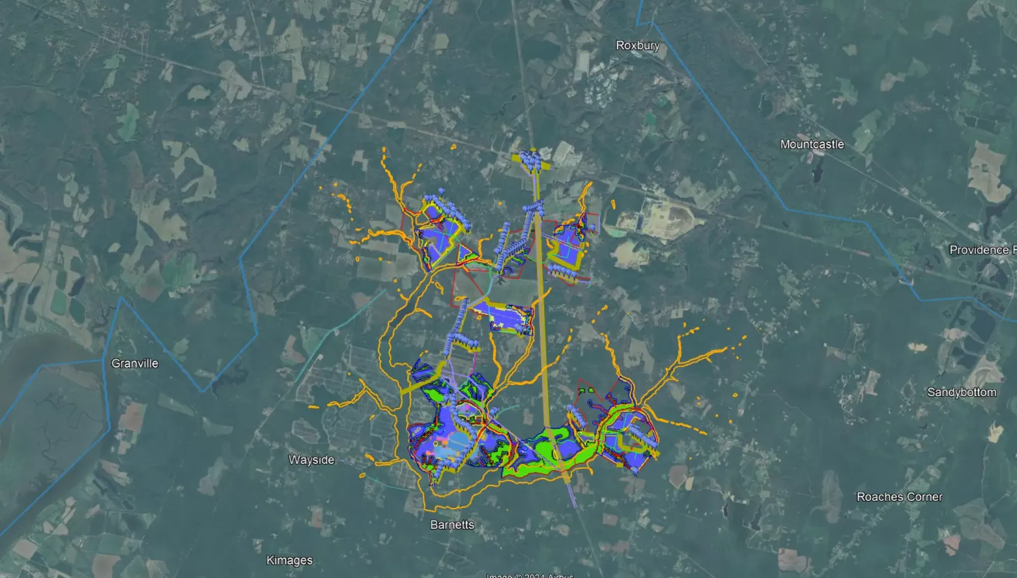 A satellite map showing an area with highlighted regions in blue, green, and yellow, indicating different zones. Orange lines and dots connect these zones, suggesting a network or pathways. The map includes labels of nearby locations such as Granville, Roxbury, and Providence Forge.