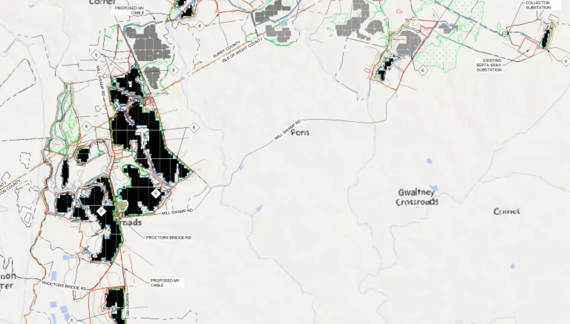 A detailed map showing various areas including Berrylands Corner, Dek Crossroads, and Gwaltney Crossroads. The map highlights proposed and existing infrastructure such as substations and roads. Different areas are marked in black and gray, with green lines indicating certain routes. Water bodies and other landmarks are also visible.
