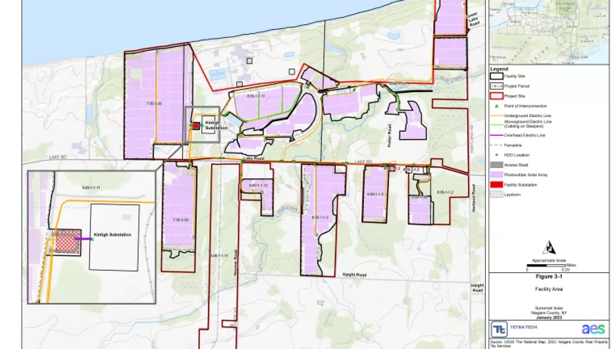 Map showing a facility area with outlined project parcels in purple, roads, and various marked points of interest. The map includes a legend indicating symbols for parcel panels, underground and overhead electric lines, and other features. The area is bordered by Lake Road to the north and Marsh Road to the south. A substation is marked on the left side of the map.