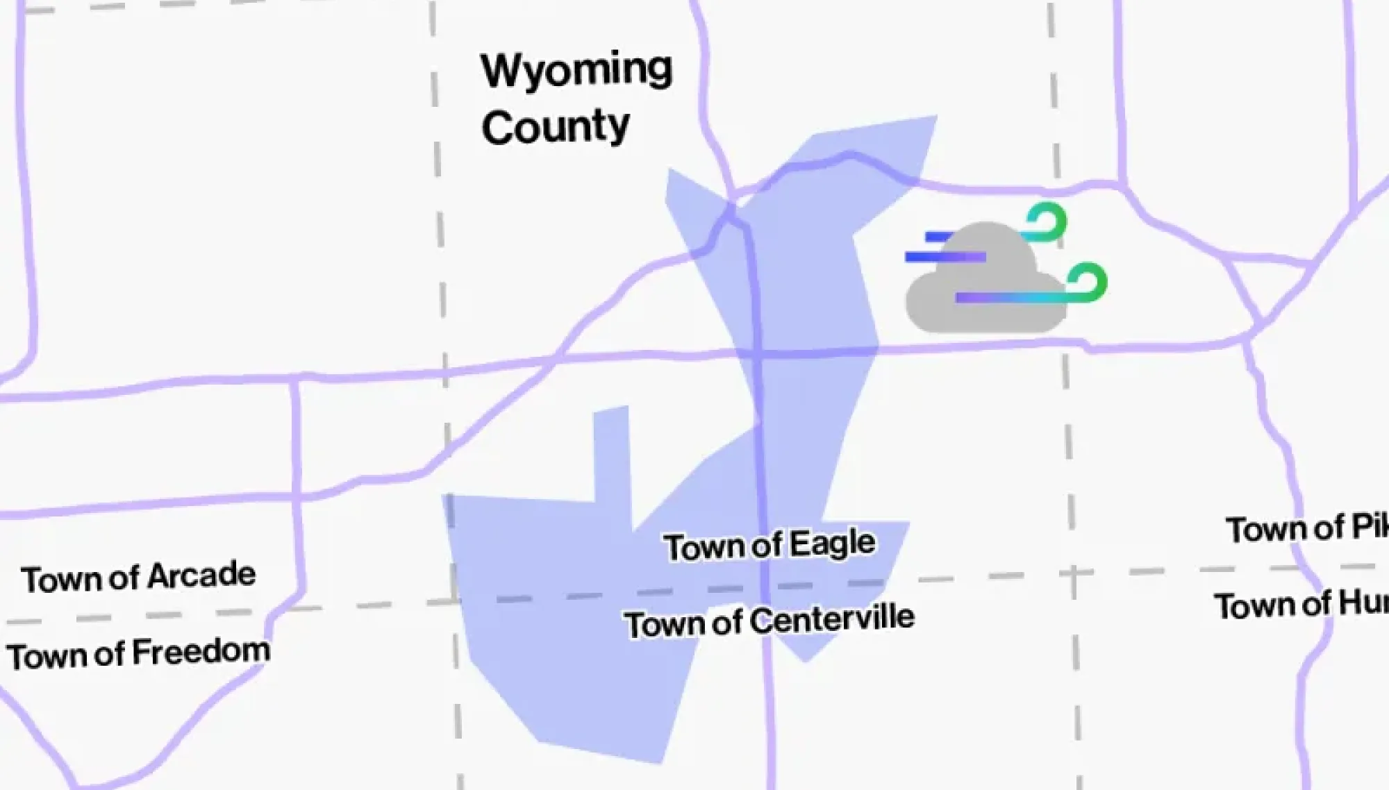 Map showing towns in Wyoming County, including Java, Wethersfield, Gainesville, Arcade, Freedom, Eagle, Centerville, Pike, and Hume. Cattaraugus and Allegany Counties are also labeled. A weather icon with clouds and wind is near the Town of Eagle.