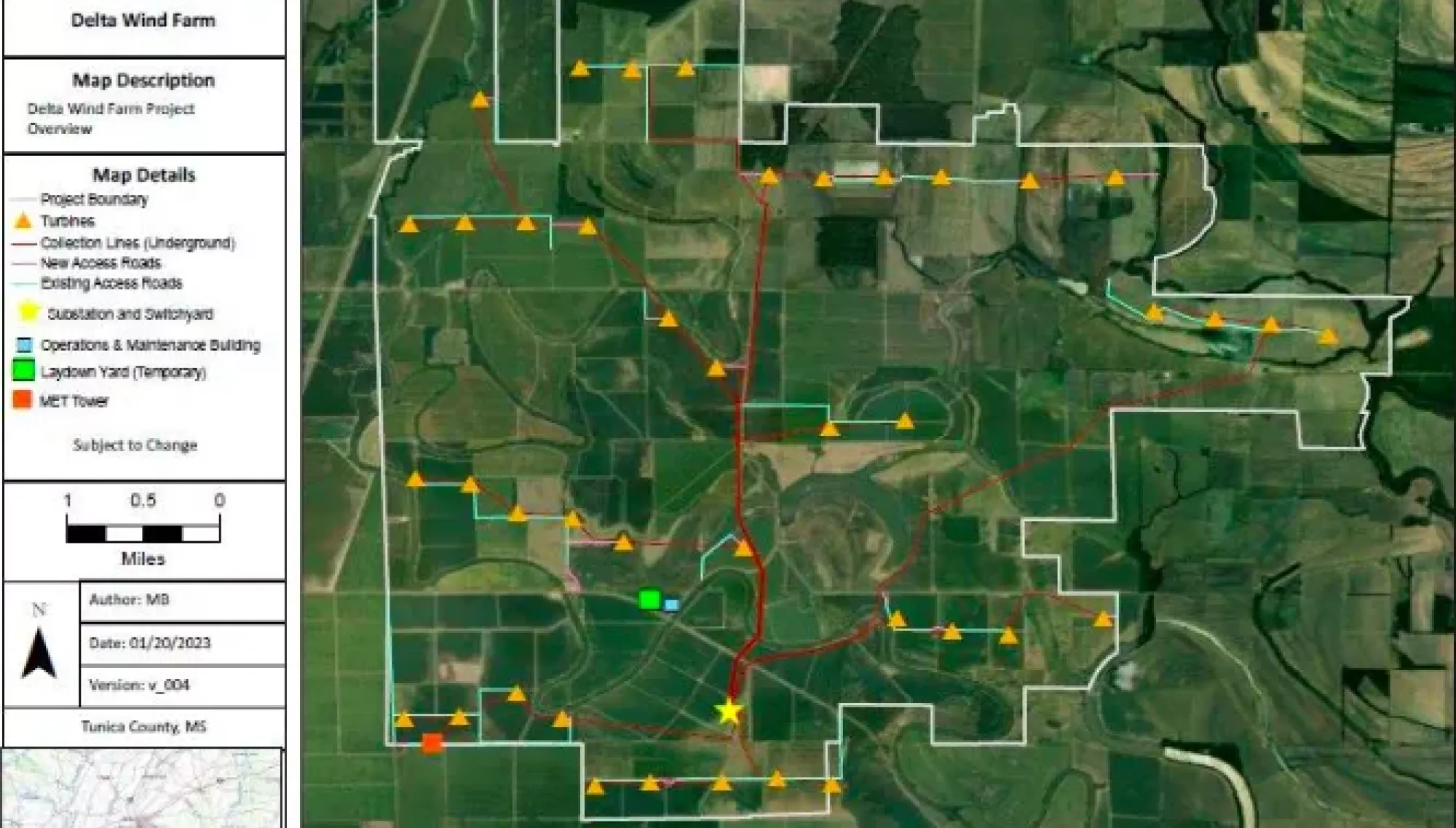 Map of Delta Wind Farm project area with various features marked. Yellow triangles represent turbines, red lines indicate underground collection lines, and orange lines show new access roads. A green square marks the substation and switchyard. The map includes a legend, scale, and project details on the left, with a satellite view of the area on the right.