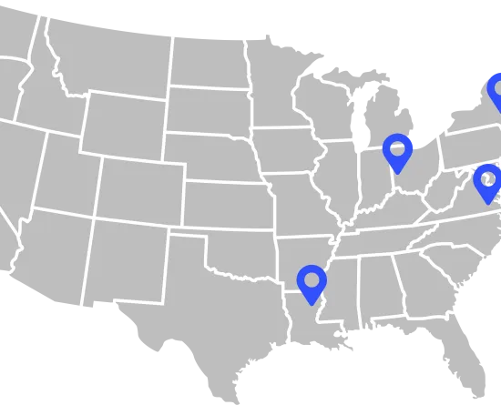 Map of the United States with five blue location markers in California, Ohio, New York, Washington D.C., and Louisiana.