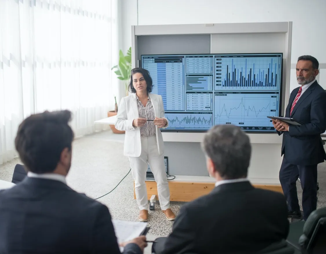 A woman in a white suit presents data on a large screen to a group of business professionals in an office setting. The screen displays various charts and graphs. A man in a dark suit stands beside the screen holding a tablet.