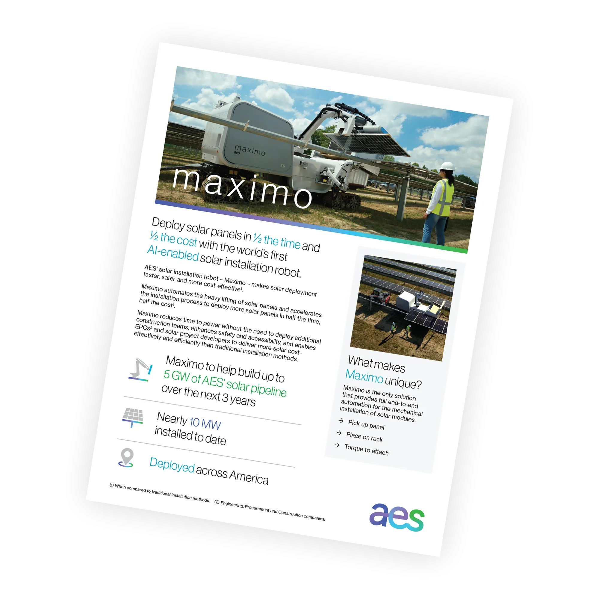 A promotional flyer for Maximo, an AI-enabled solar installation robot by AES. The flyer highlights the robot's ability to deploy solar panels in half the time and cost. It features an image of the robot in action, installing panels, and emphasizes its efficiency and safety benefits. Key points include building up to 5 GW of solar pipeline over three years and nearly 10 MW installed to date.