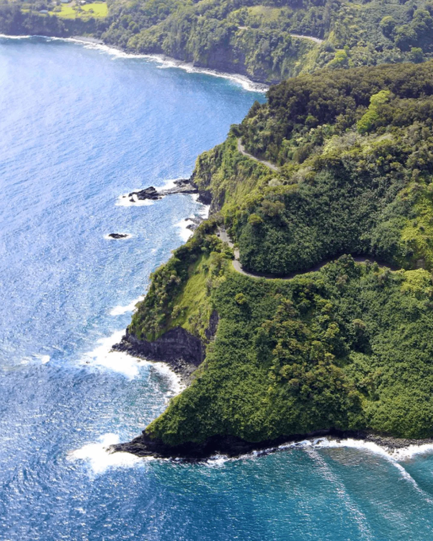 Aerial view of a winding coastal road surrounded by lush green cliffs and dense forest, with blue ocean waves crashing against the rocky shoreline.