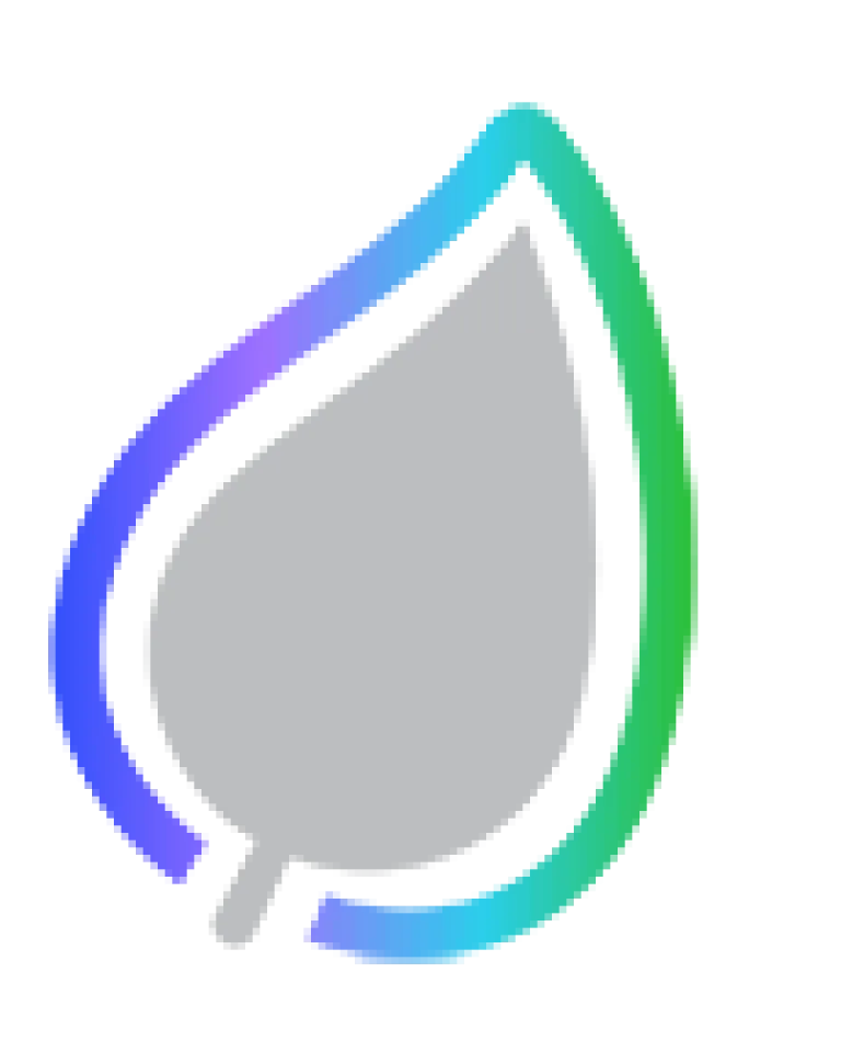 A gray leaf icon with a vibrant gradient background of blue, purple, and green.